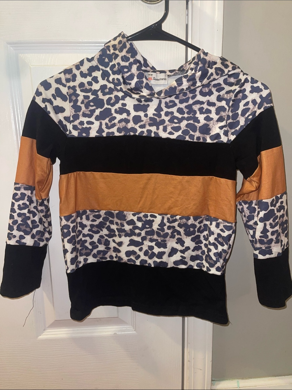 Girls' Hooded Leopard Stripe Pullover in Black, White & Brown
